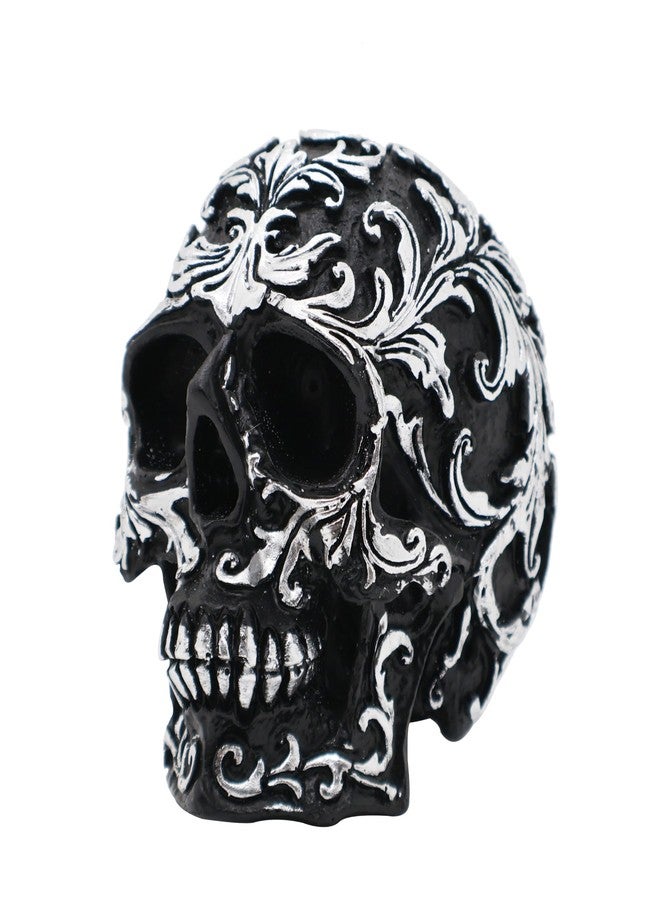 CHDL Halloween Small Skull Decor, Realistic Skeleton Skull Head Statue, Gothic Resin Skull Figurine with Silver Designs, 3.62 Inch Fake Skull for Decorations, Party, Home, Desk Skull Head Decor - Image 1